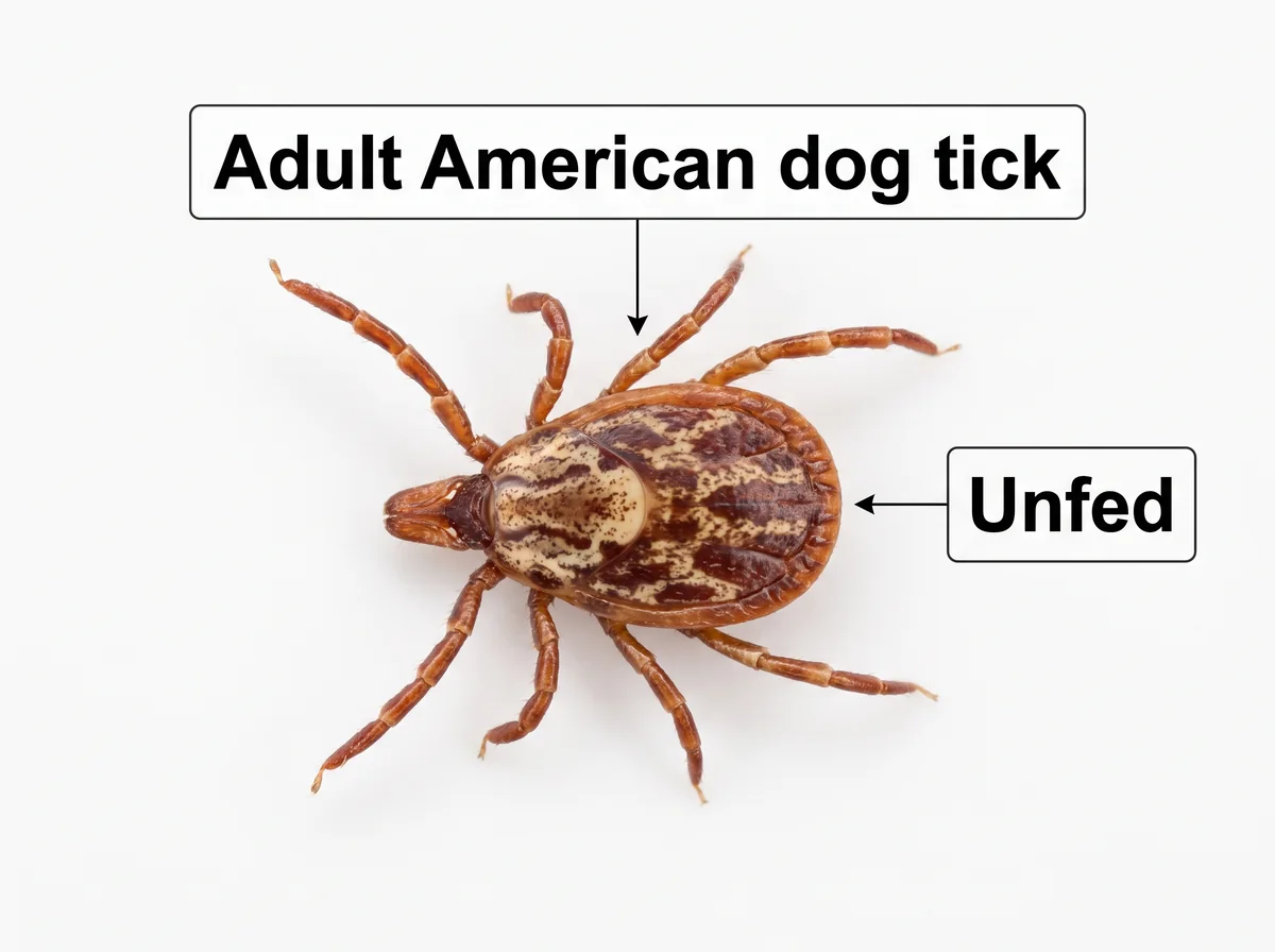 Macro photo of an unfed adult American dog tick showing its reddish-brown body and pale mottled shield from above.