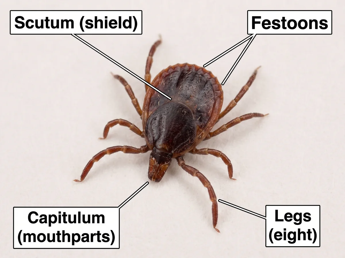 Labeled diagram of a dog tick's body pointing out the scutum, festoons, mouthparts, and legs for identification.