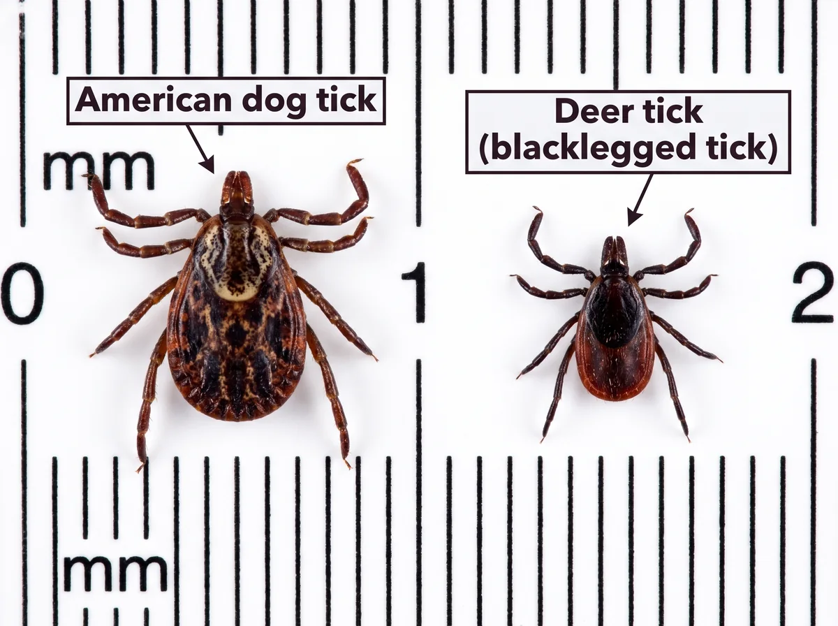Side-by-side size and color comparison of an American dog tick next to a smaller deer tick on a ruler.
