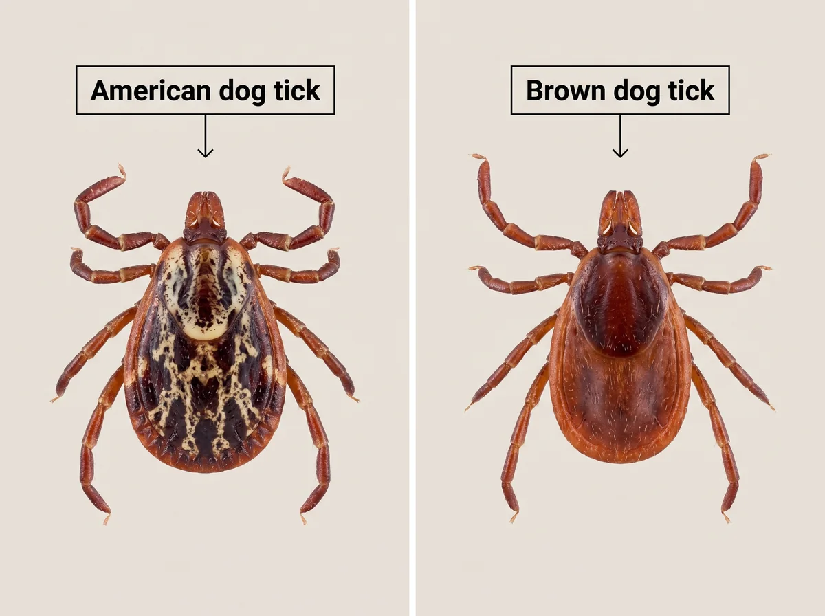 Comparison photo showing the mottled shield of an American dog tick beside a plain reddish-brown dog tick.