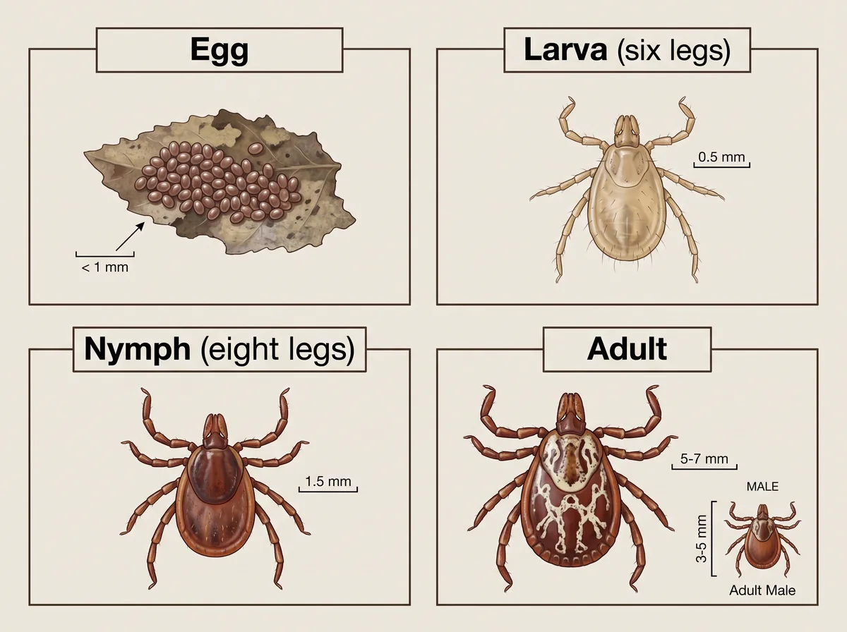 Four-stage life cycle chart of a dog tick showing egg, larva, nymph, and adult forms drawn to scale.