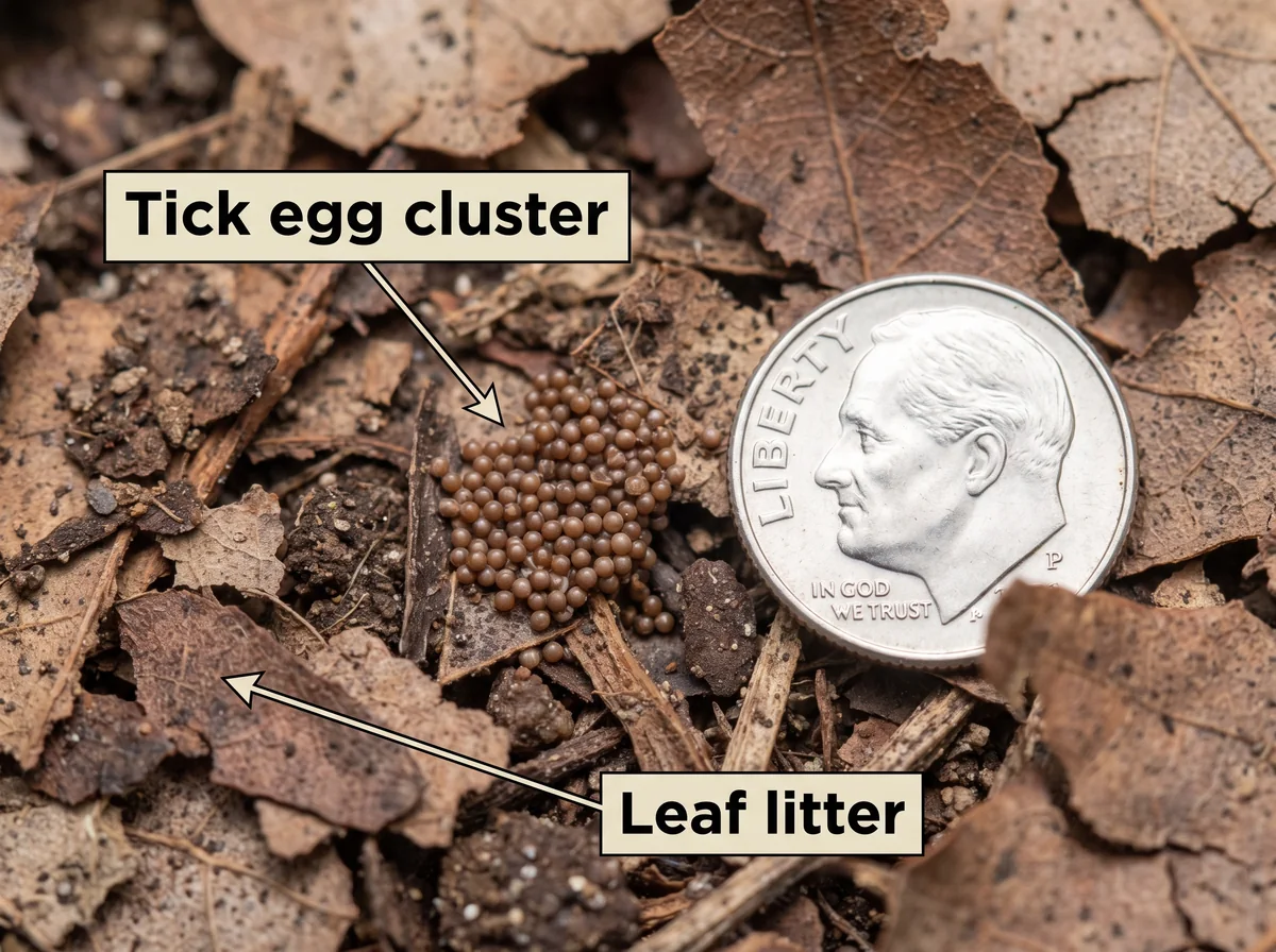 Close-up of a cluster of tiny brown dog tick eggs laid in leaf litter with a size reference object.