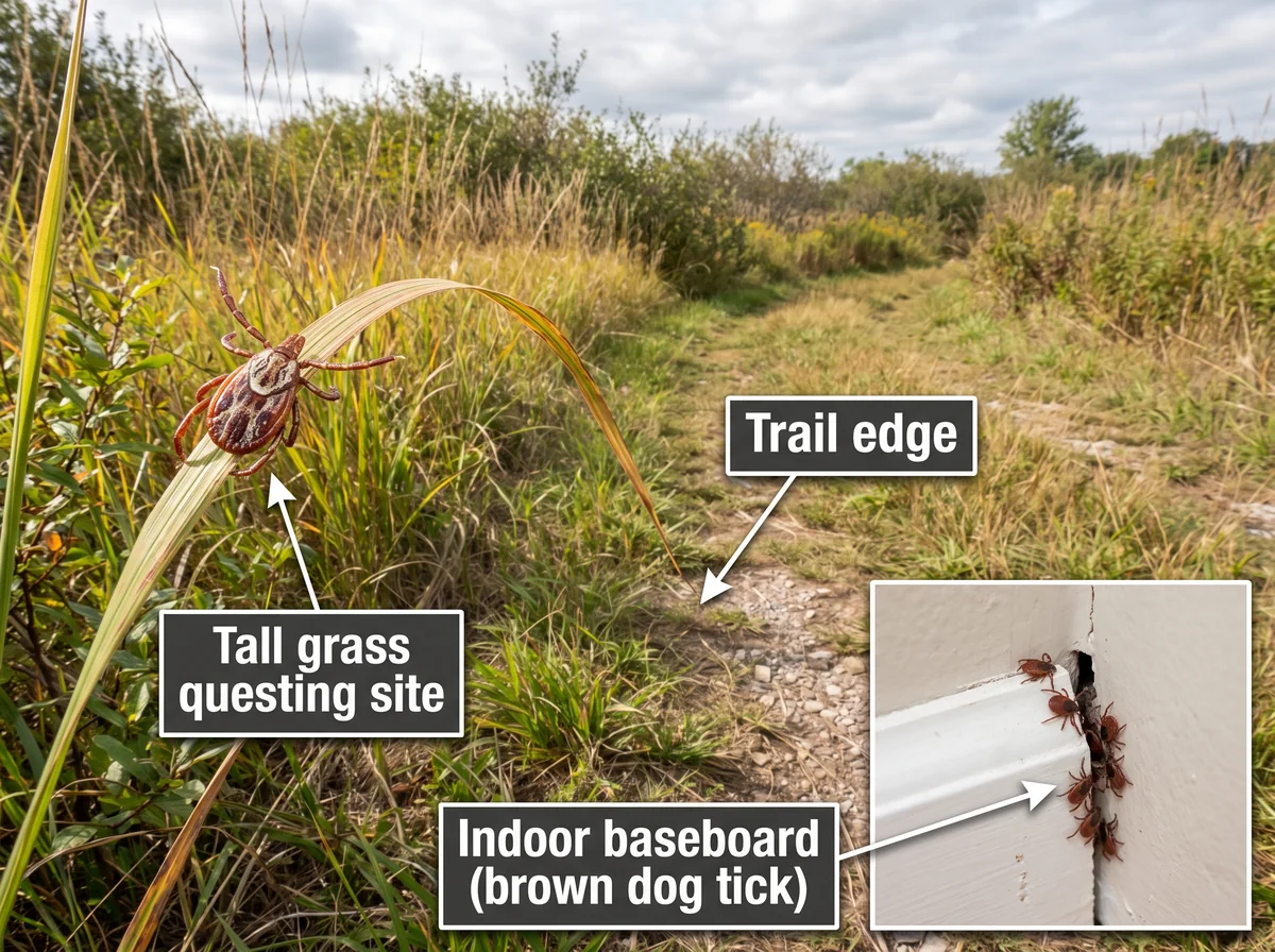 Outdoor grassy trail edge with a questing tick on grass, alongside an indoor baseboard hiding spot inset.