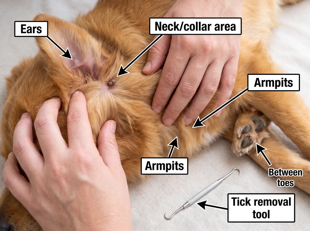 Person checking a dog's ears, neck, armpits, and toes for ticks with a removal tool placed nearby.